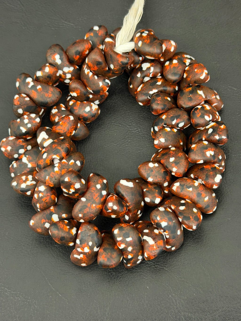 XL Cocoa Ember Canoe-Shaped Krobo Powdered Glass Beads | Brown, Rust & Ivory Recycled Glass Beads | Handmade African Beads from Ghana