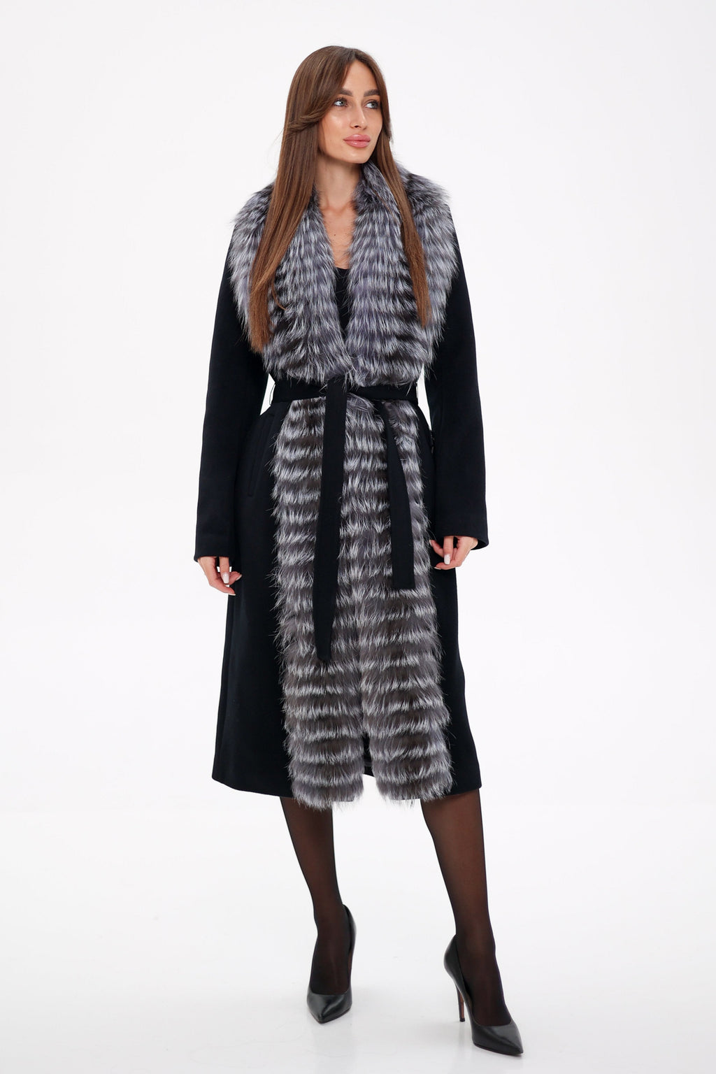 Miranda Coat - Genuine Silver Fox Virgin Wool Wrap Coat in Black