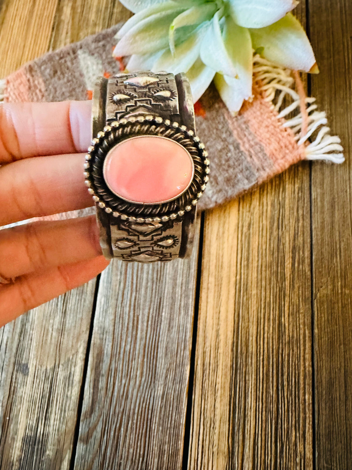 Handcrafted Queen Pink Conch Shell & Sterling Silver Cuff Bracelet