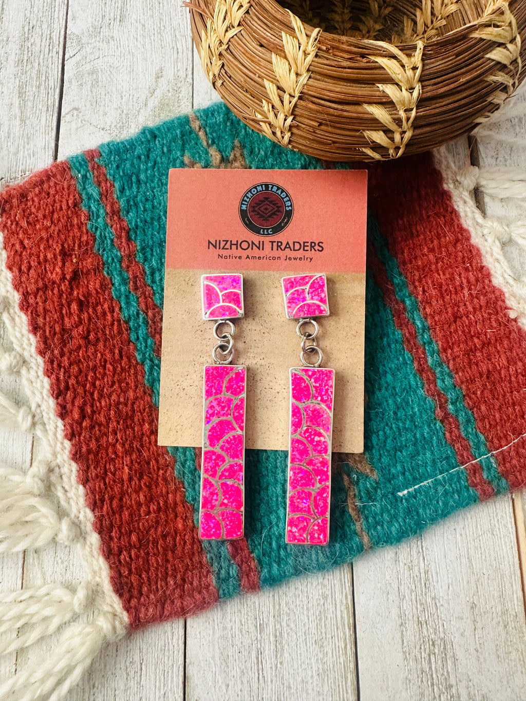 Handcrafted Sterling Silver & Pink Fire Opal Inlay Dangle Earrings