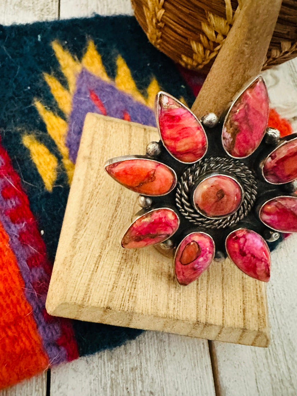 Handcrafted Pink Mojave  & Sterling Silver Cluster Adjustable Ring