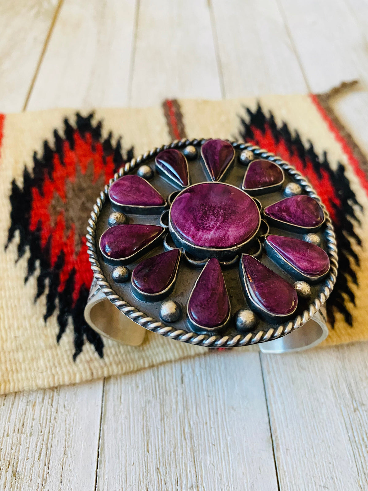 Handcrafted Sterling Silver & Purple Spiny Cuff Bracelet Signed