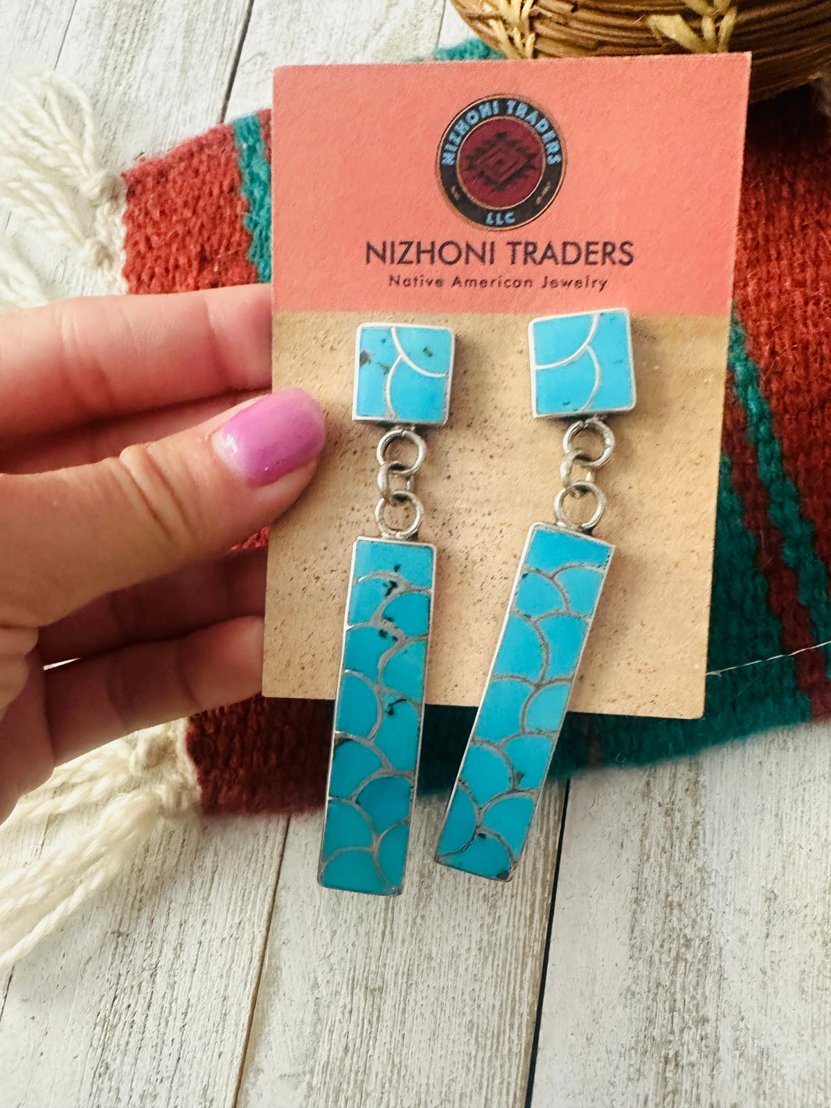 Handcrafted Sterling Silver & Turquoise Inlay Dangle Earrings