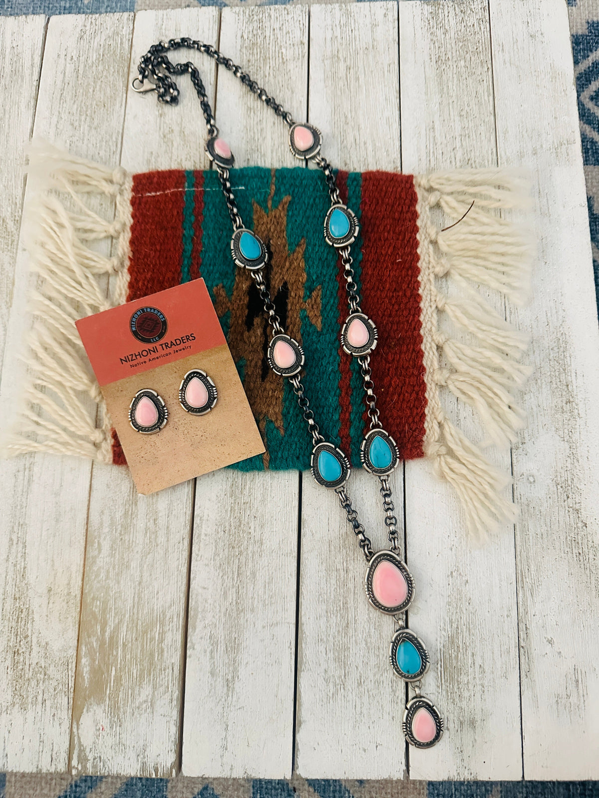 Handcrafted Turquoise, Pink Conch & Sterling Silver Necklace Set