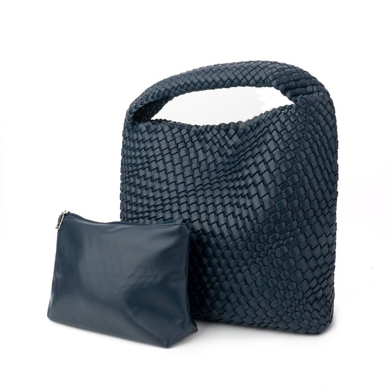 The Willow | Large Woven Vegan Leather Tote - Navy