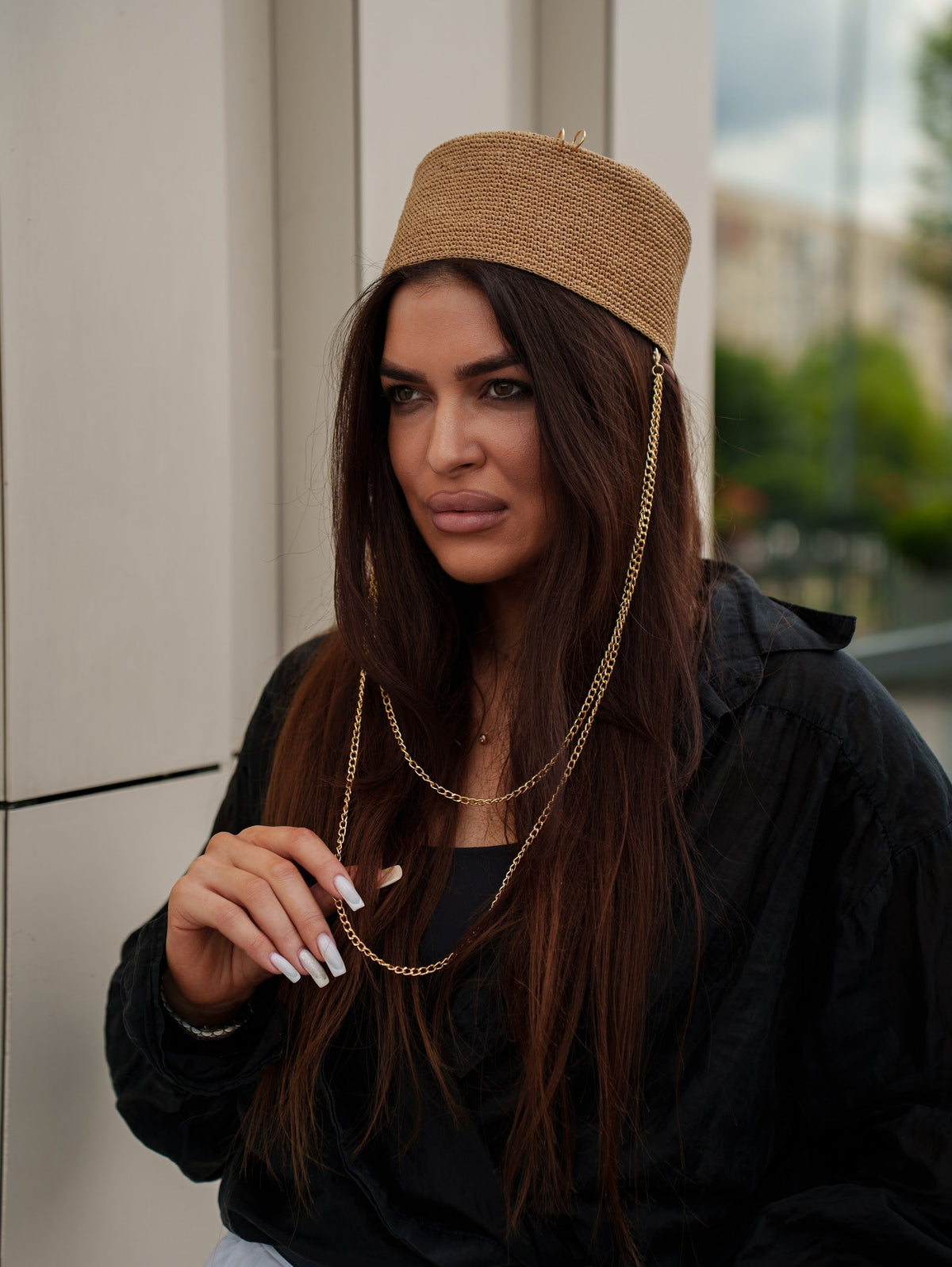 Palomna Double Chain Pierced Hat in Dark Beige