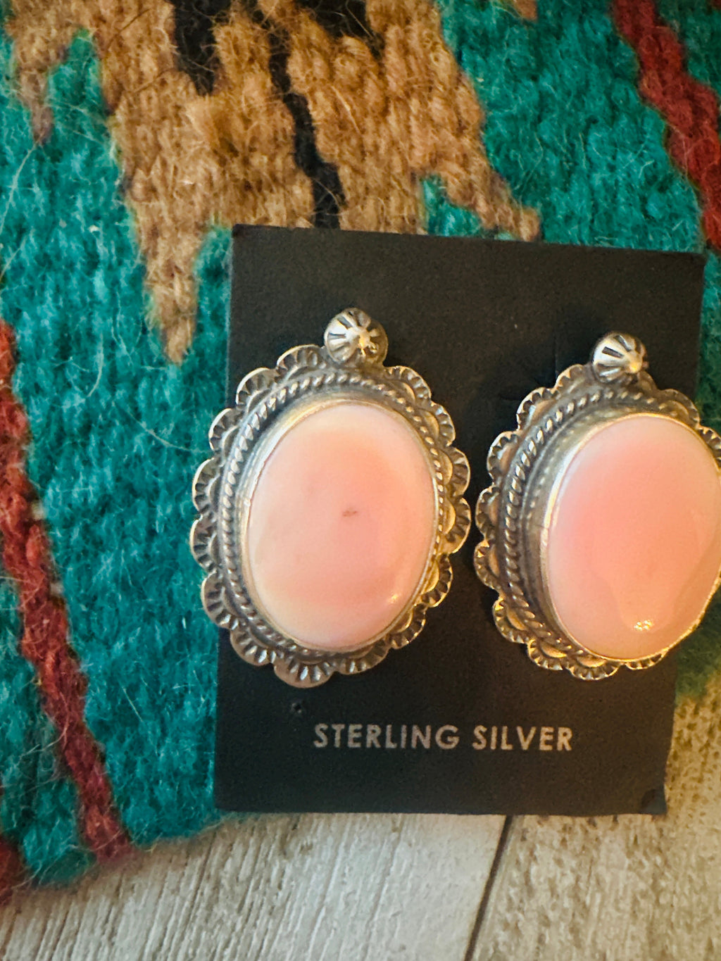 Handcrafted Sterling Silver & Queen Pink Conch Shell Post Earrings Signed
