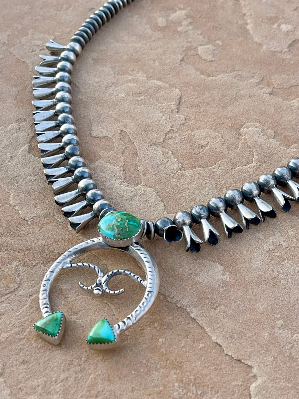 Beautiful Handmade Sterling Silver & Sonoran Mountain Turquoise Squash Blossom Necklace