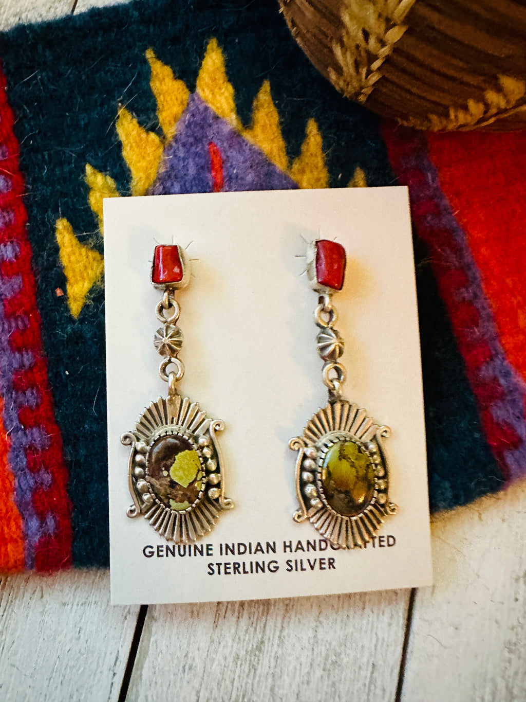 Handcrafted Tibetan Turquoise, Coral & Sterling Silver Dangle Earrings