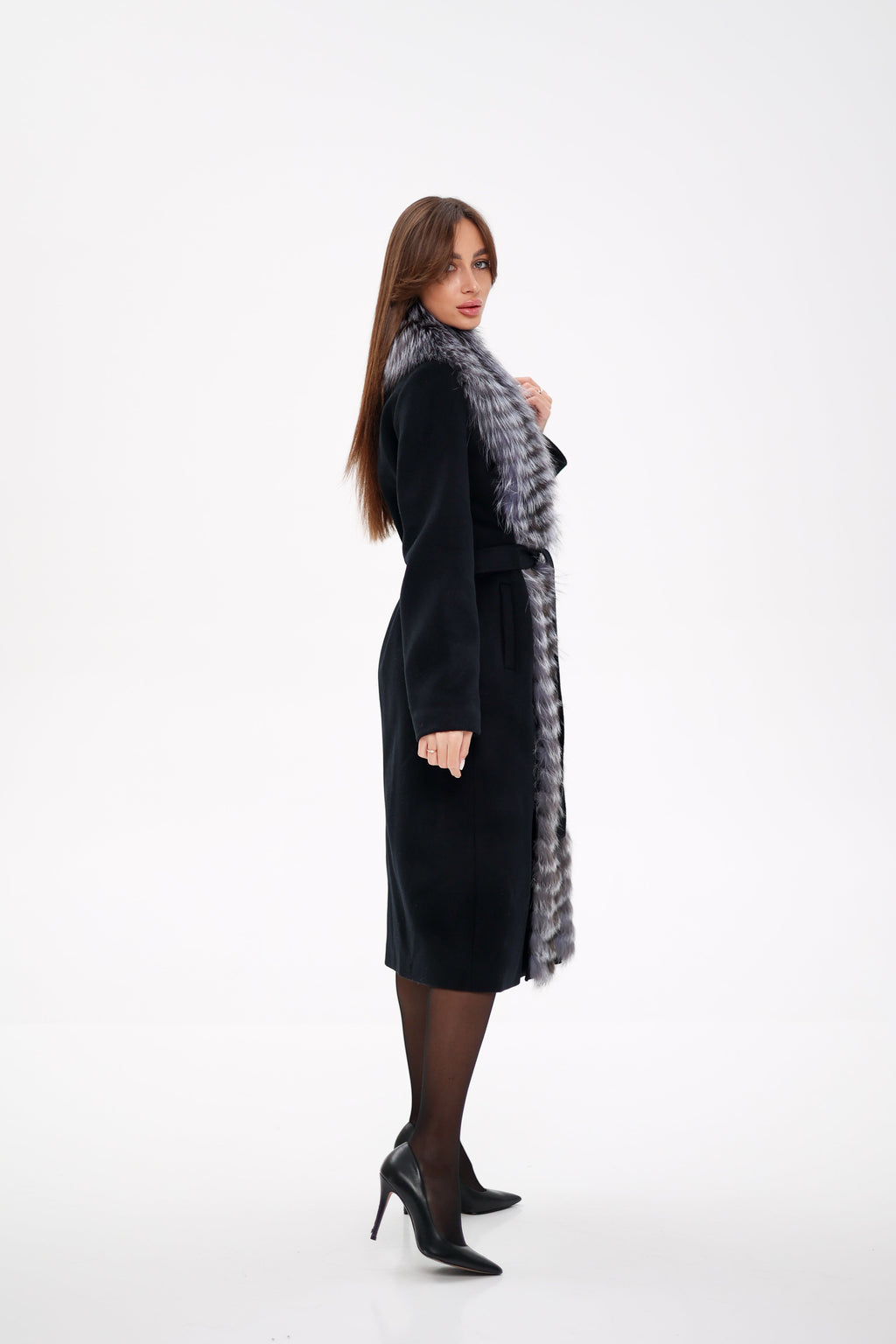 Miranda Coat - Genuine Silver Fox Virgin Wool Wrap Coat in Black