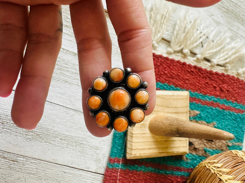 Handcrafted Sterling Silver & Orange Spiny Cluster Ring Size 6