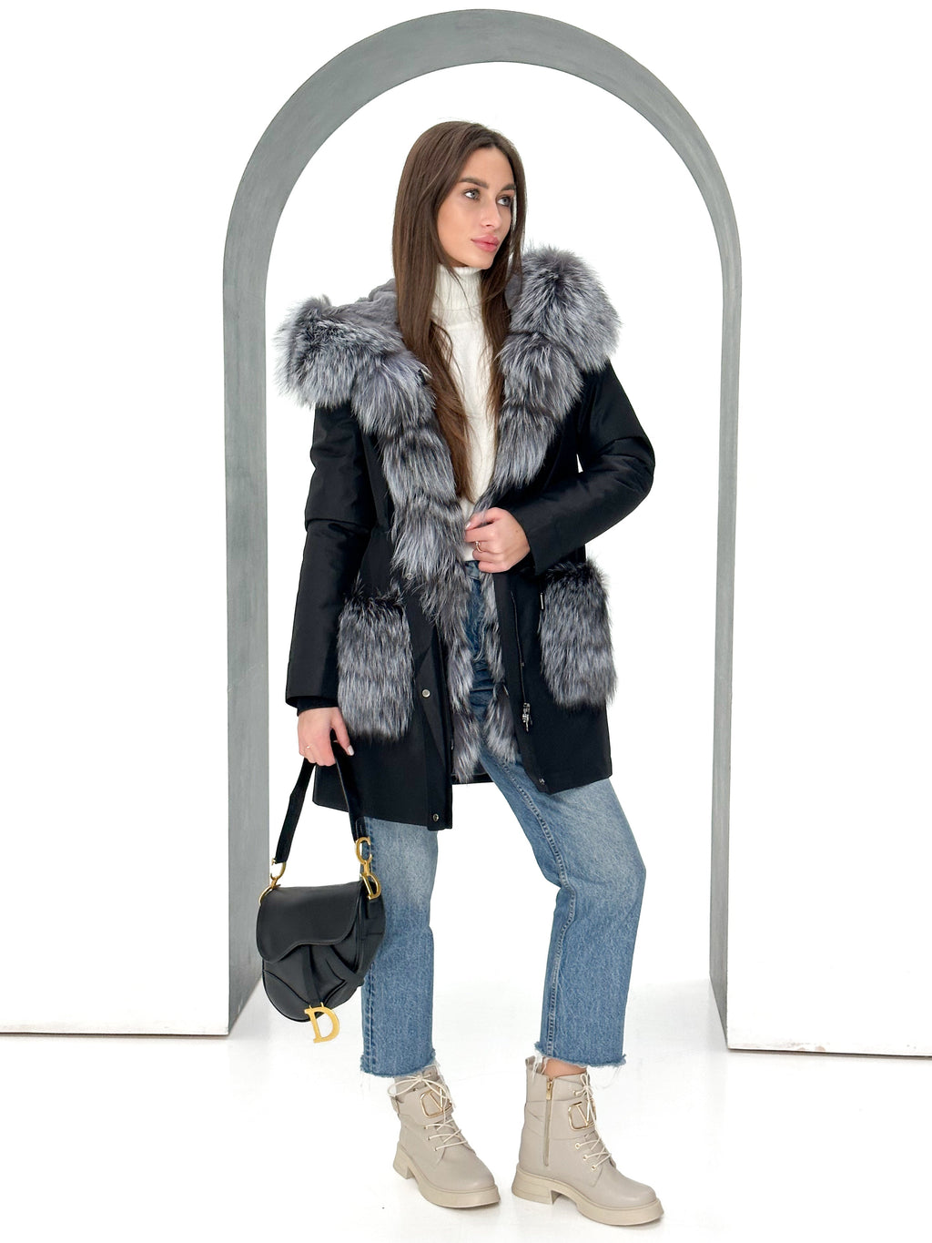 Roma Genuine Silver Fox Fur Rabbit Fur Insulated Parka in Black