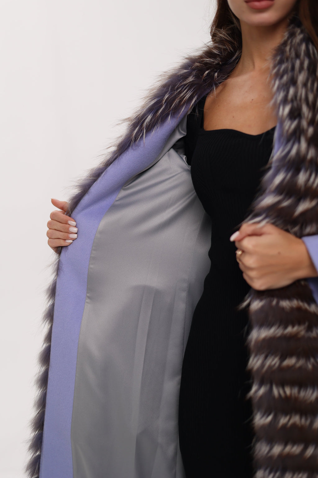 Carrie Coat - Genuine Silver Fox Virgin Wool Wrap Coat in Lavender