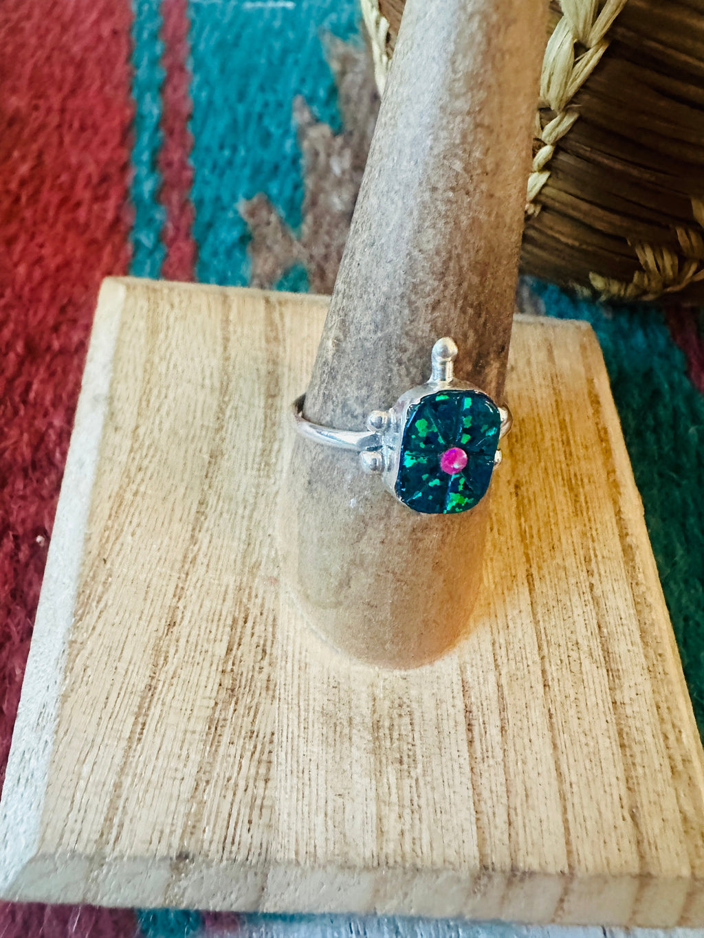 Handcrafted Sterling Silver & Green and Pink Opal Turtle Ring Size 8.5