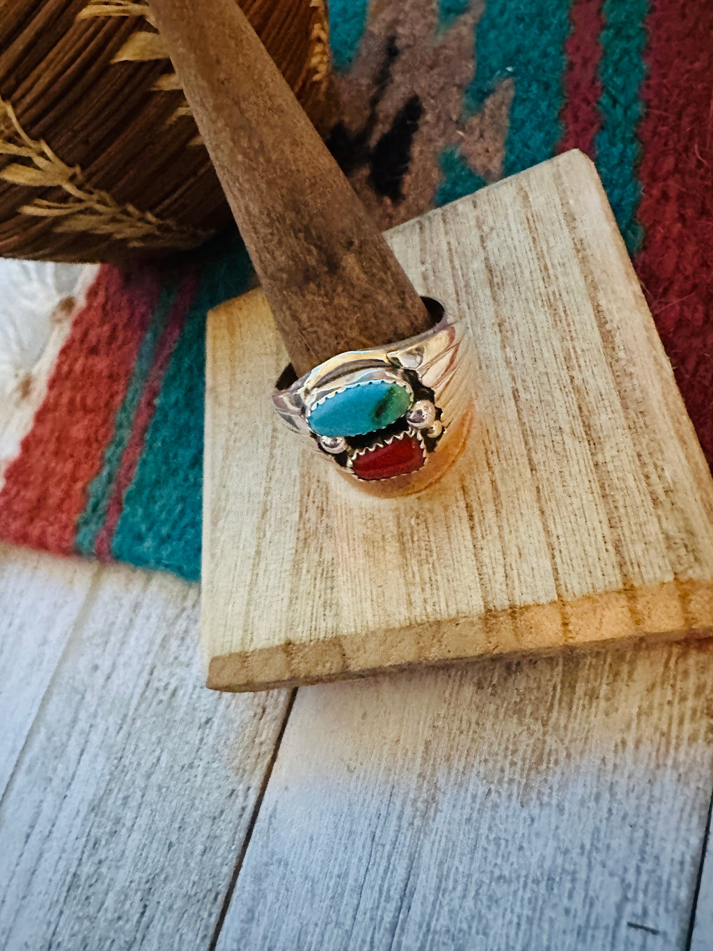 Handcrafted Turquoise, Coral & Sterling Silver Ring Size 13