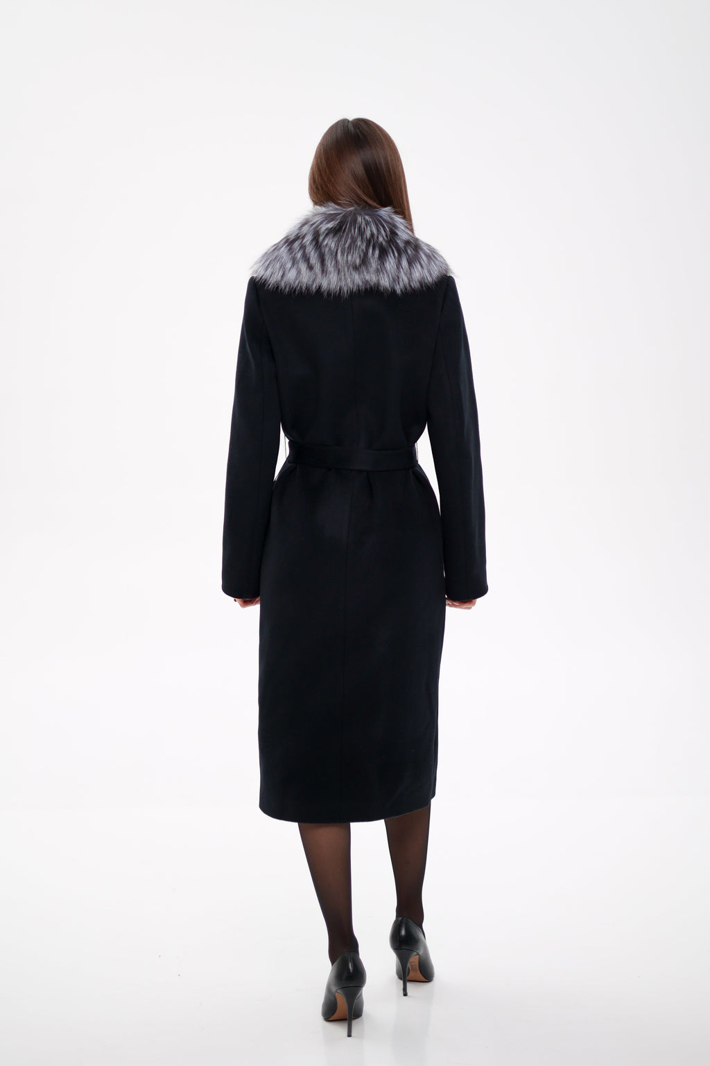 Miranda Coat - Genuine Silver Fox Virgin Wool Wrap Coat in Black