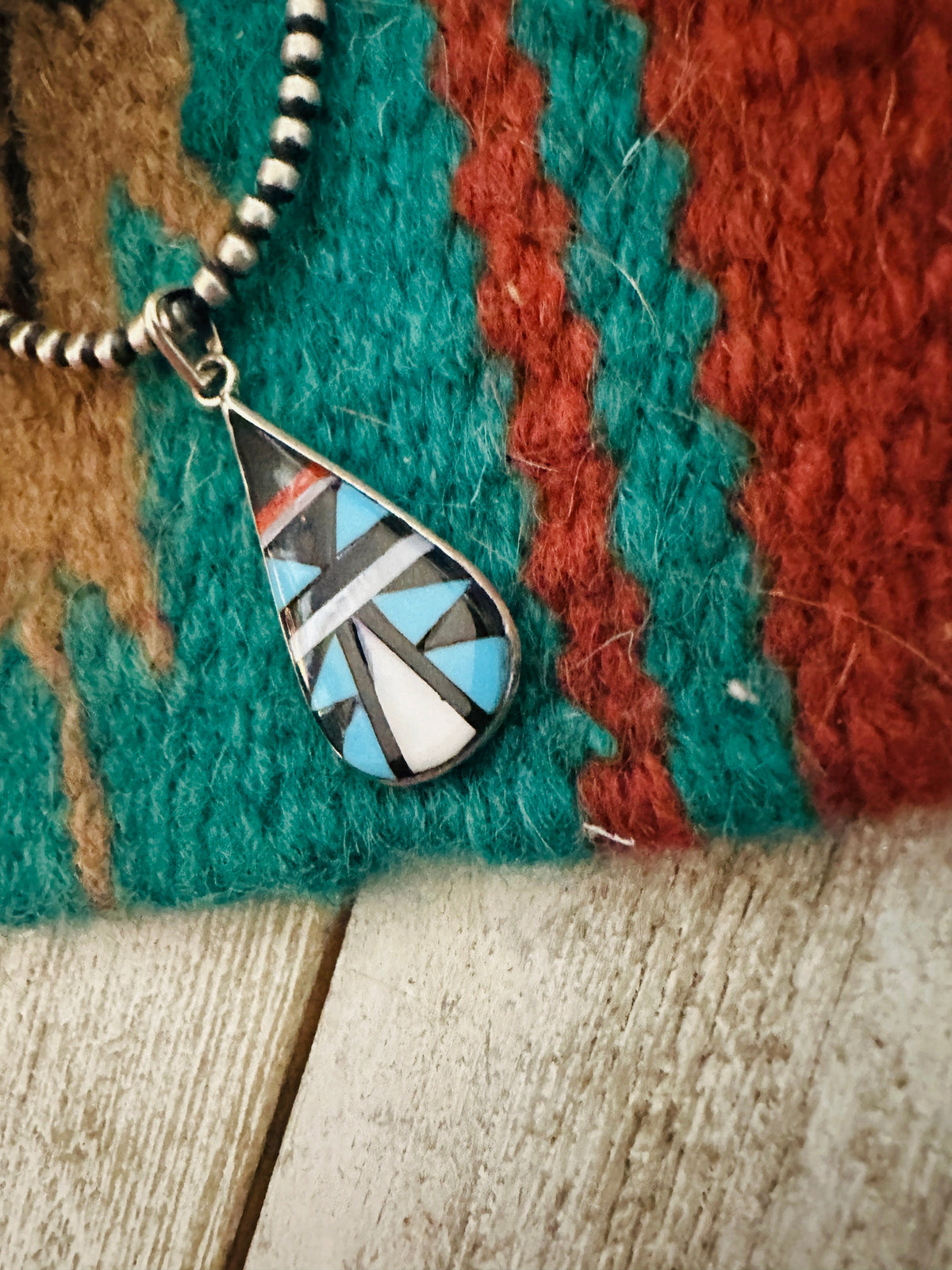 Handcrafted Multi Stone & Sterling Silver Inlay Teardrop Pendant