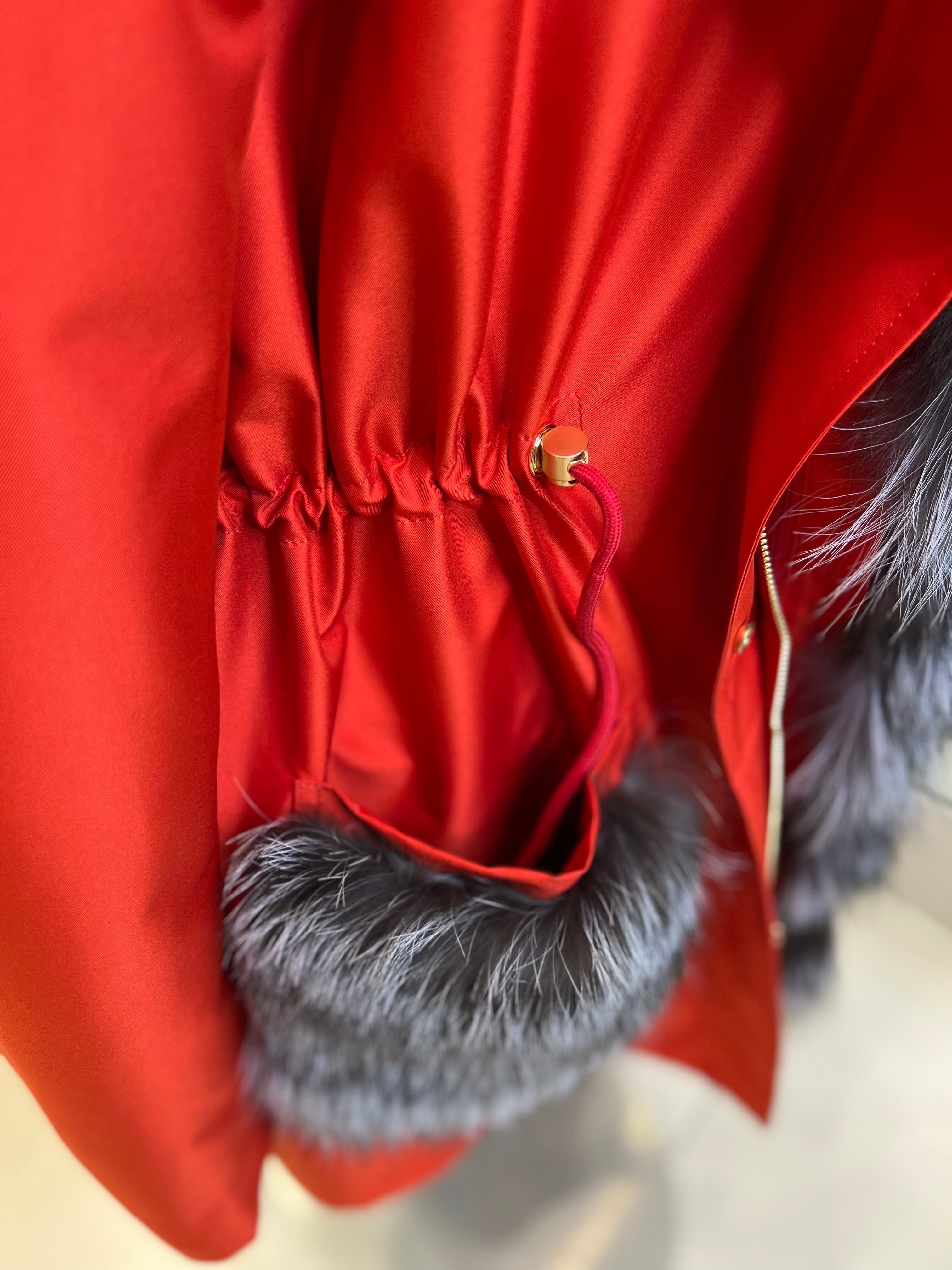 Roma Genuine Silver Fox Fur Rabbit Fur Insulated Parka in Red