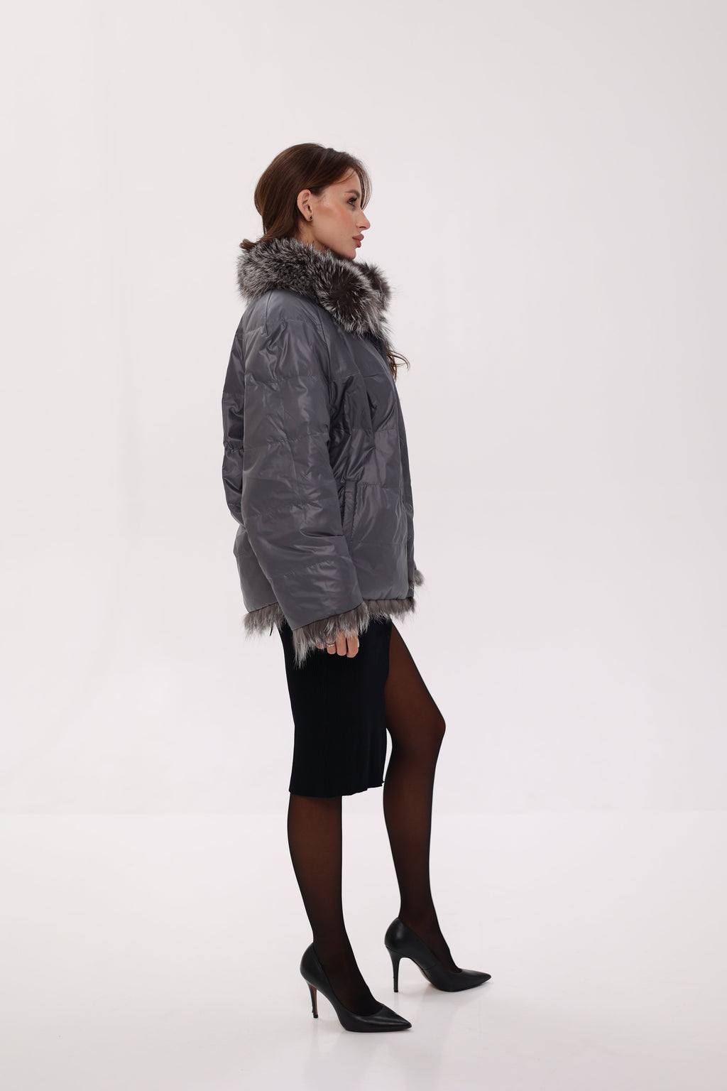 Reversible Genuine Silver Fox  Down Fill Coat in Grey