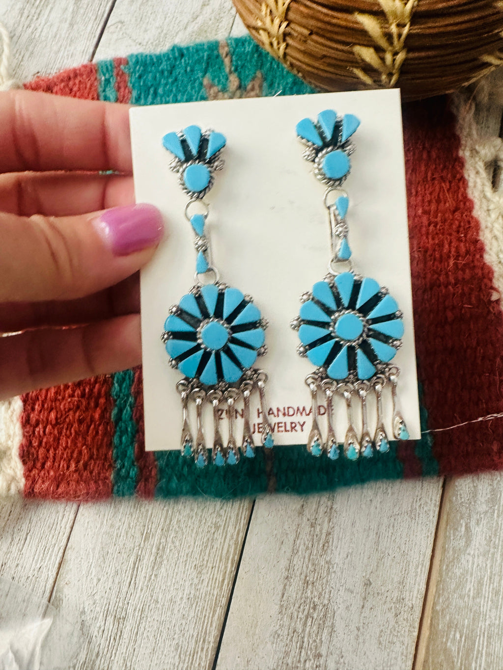 Handcrafted Sterling Silver & Turquoise Cluster Tassel Dangle Earrings