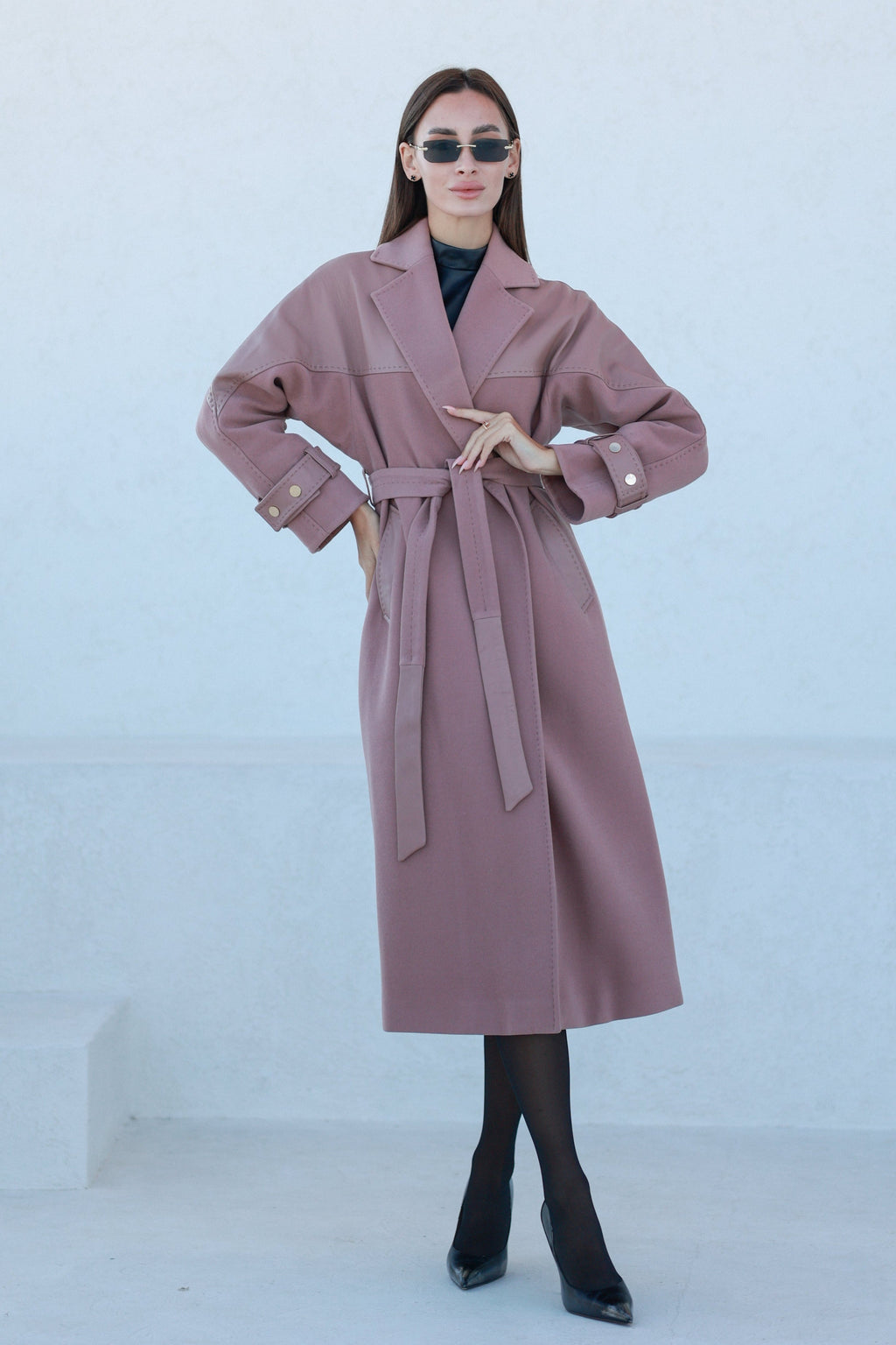 Rose Leather Trim Cashmere Blend Overcoat