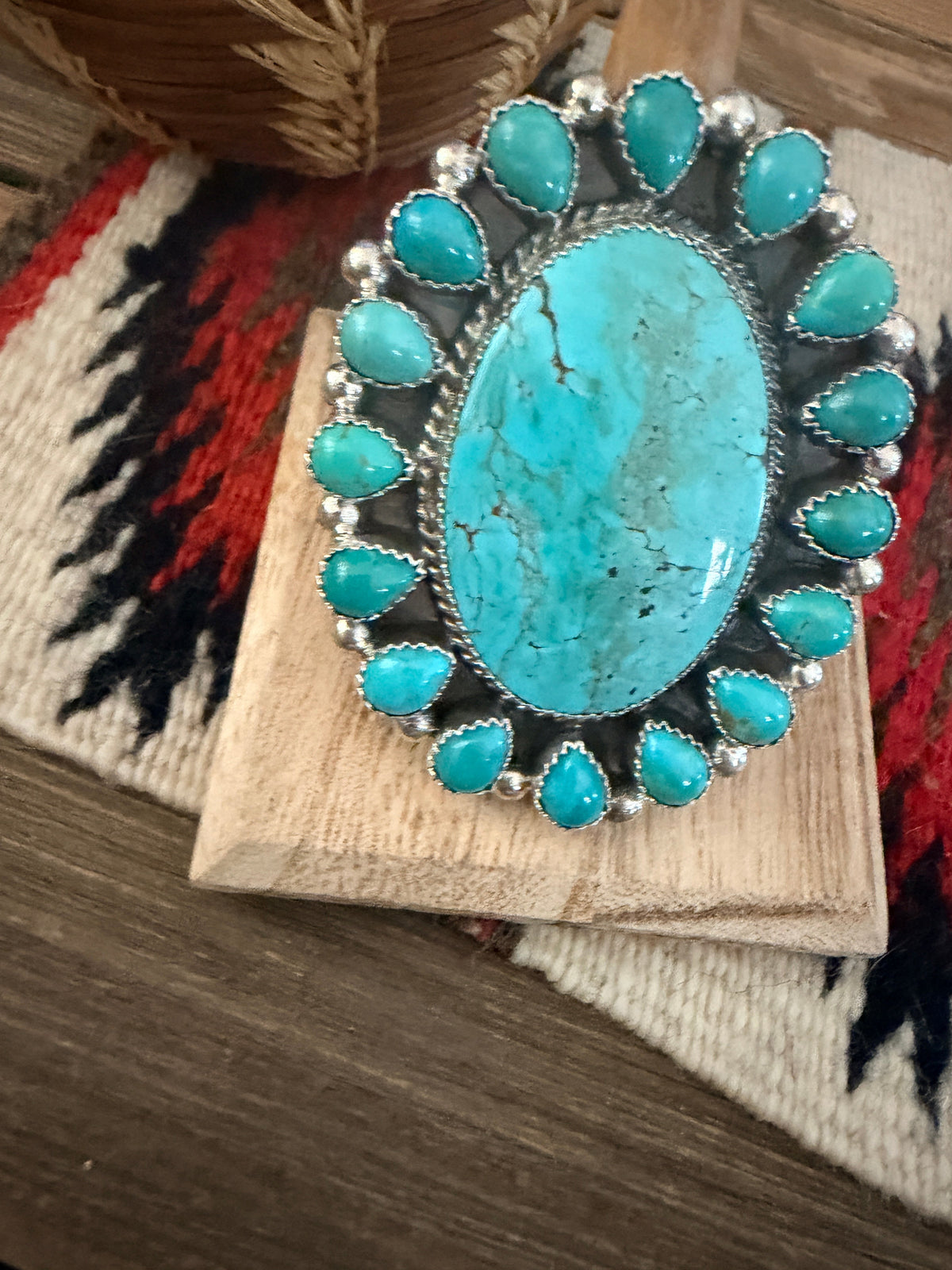 Handcrafted Kingman Turquoise & Sterling Silver Cluster Adjustable Ring