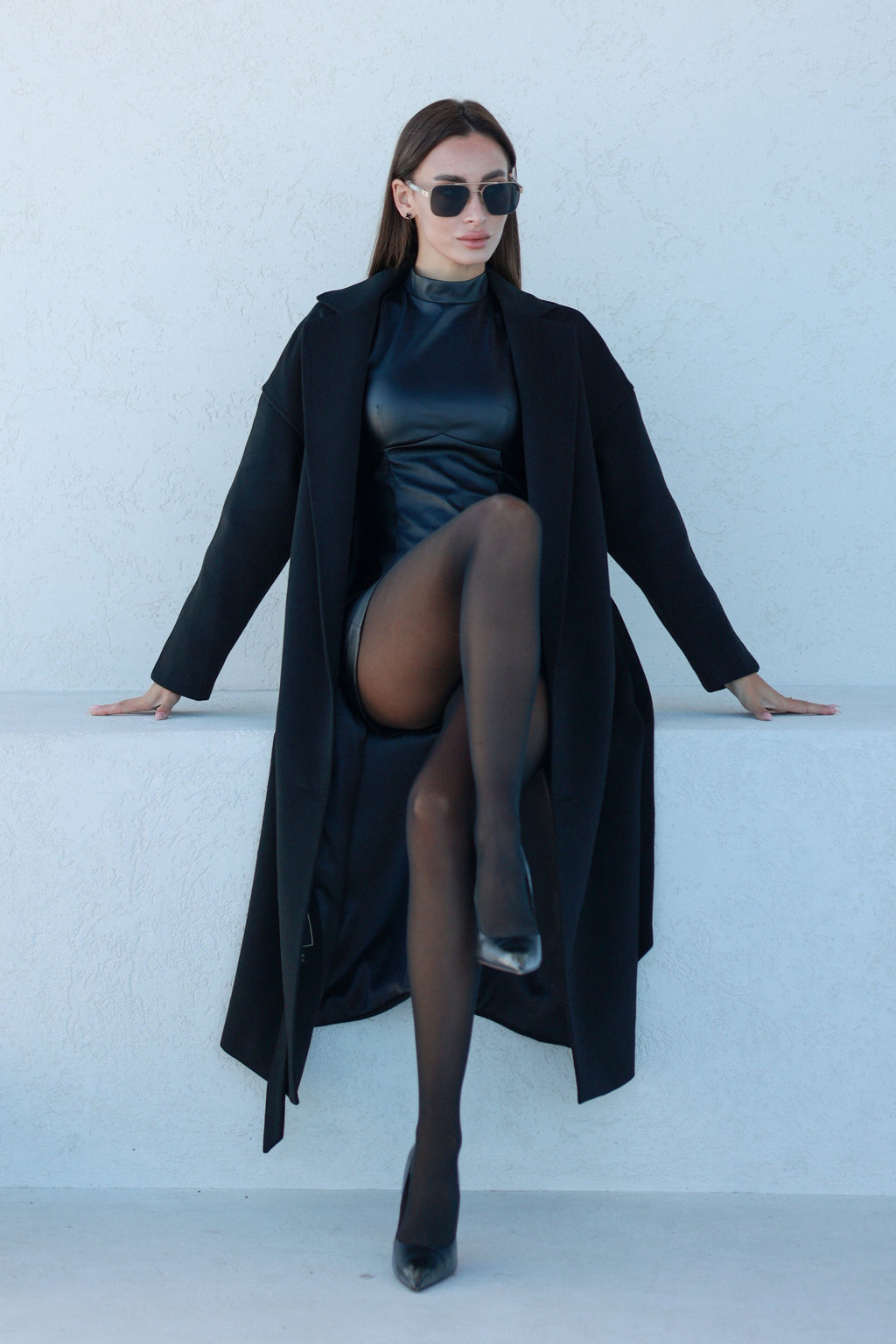 Logan Leather Trim Cashmere Blend Overcoat in Black