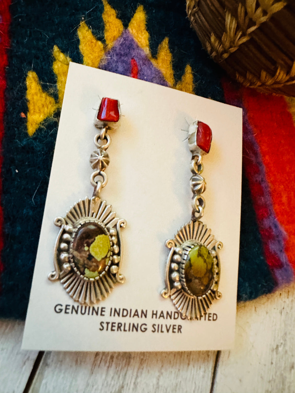 Handcrafted Tibetan Turquoise, Coral & Sterling Silver Dangle Earrings