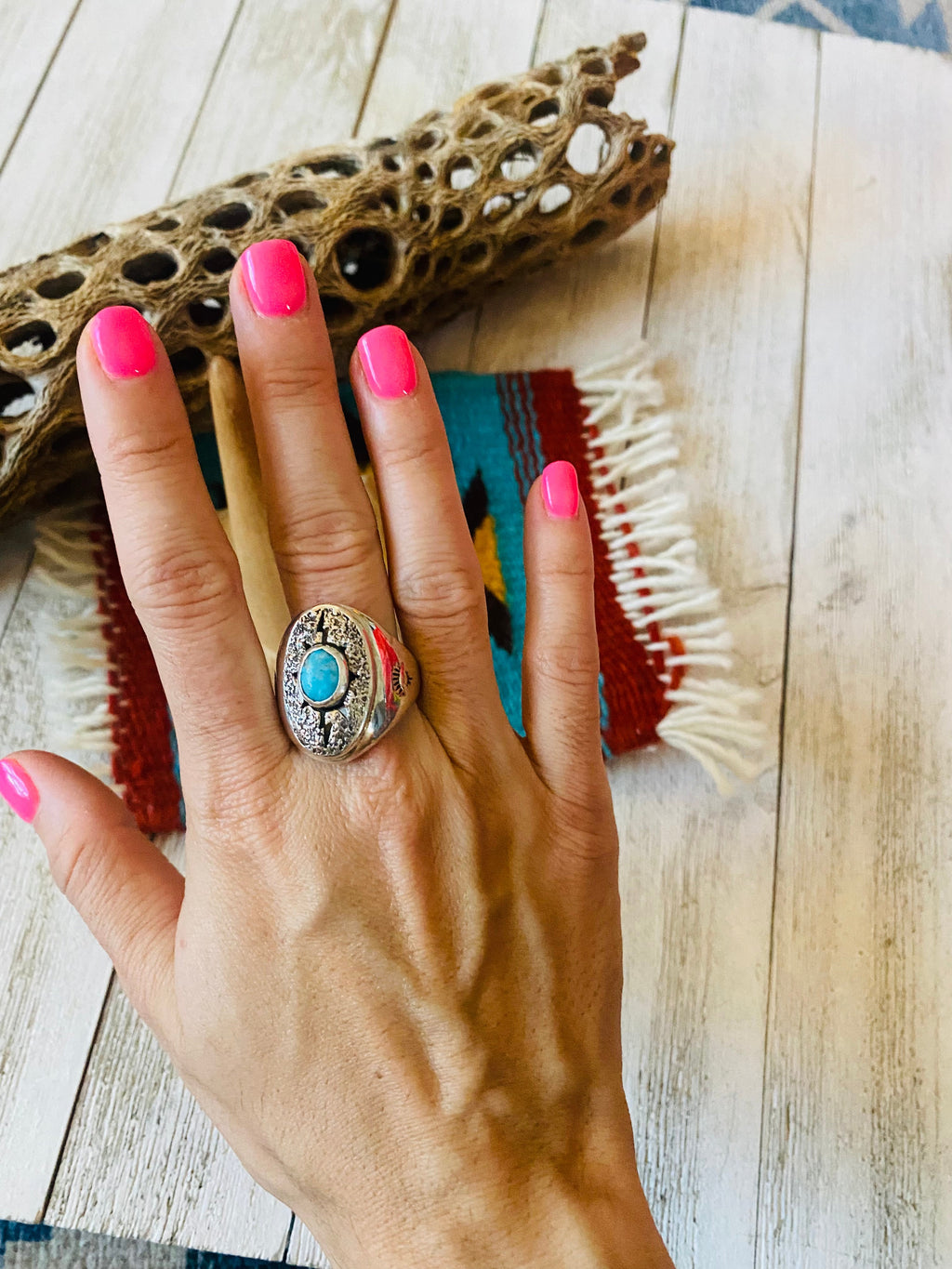 Handcrafted Kingman Turquoise & Sterling Silver Ring Size 12.5