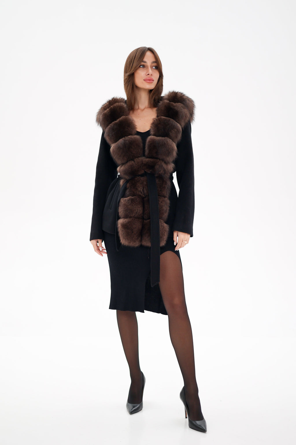 Genuine Polar Fox Fur Hooded Virgin Wool Coat