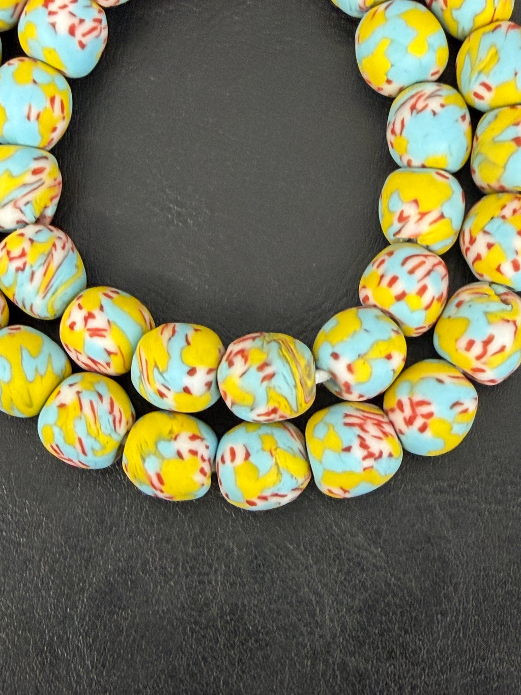 Sky Blue & Ivory Fused Krobo Recycled Glass Beads 12–14mm | Handmade African Glass Beads from Ghana | 44 Beads Per Strand