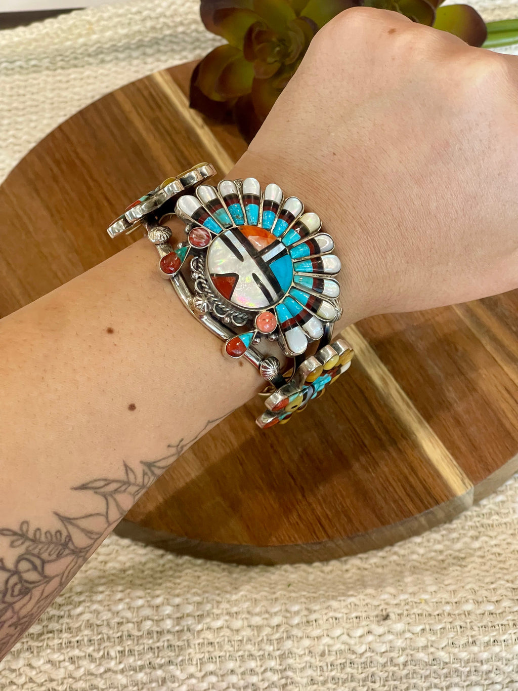 Handmade Sterling Silver & Multistone Sun Face Adjustable  Cuff Bracelet