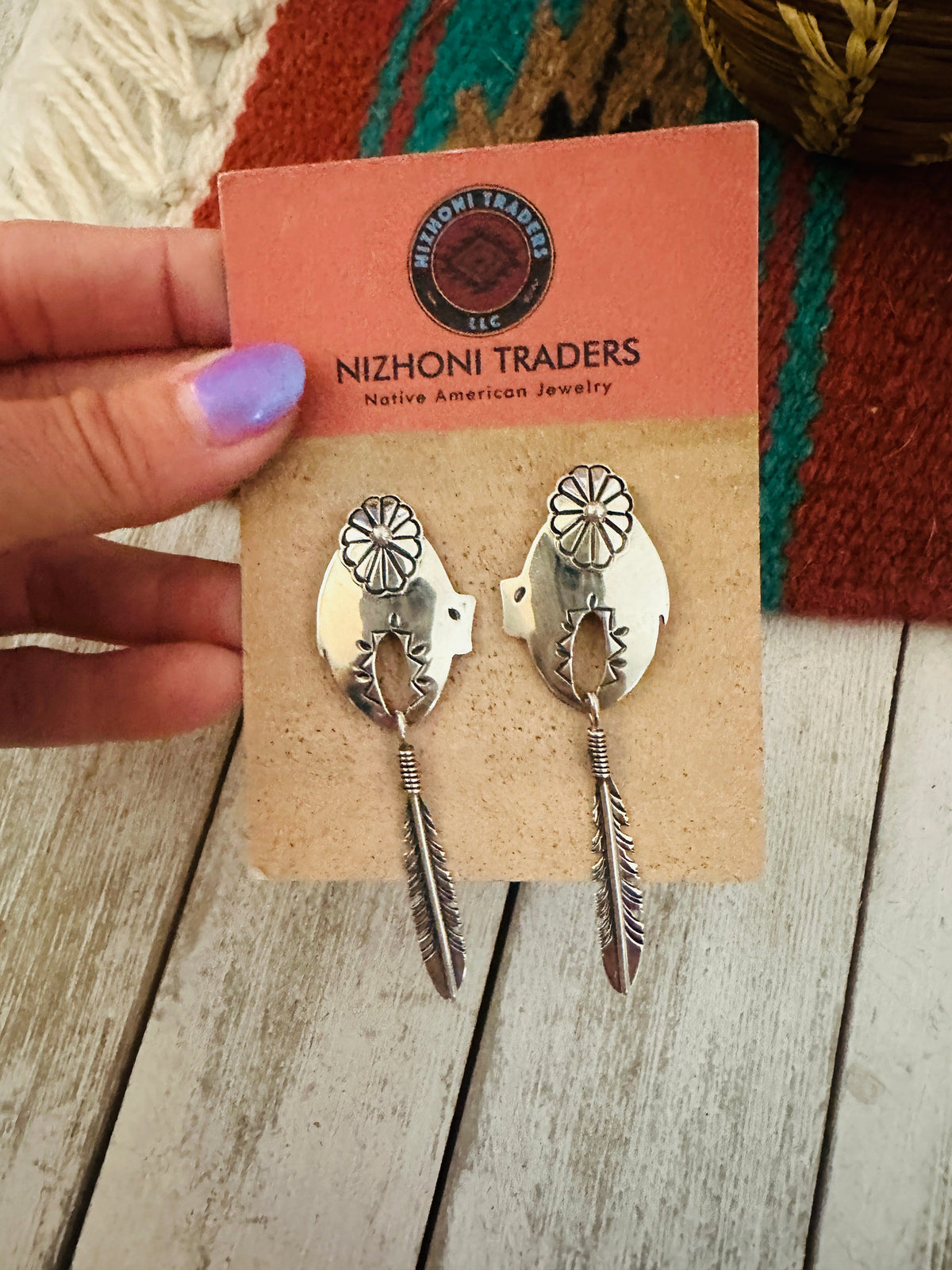 Handcrafted Concho Sterling Silver Feather Dangle Earrings