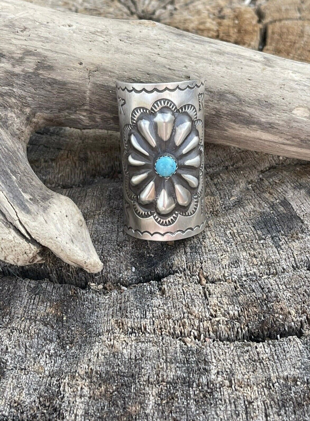 Handcrafted Sterling and Turquoise Southwest Hand Stamped Hair Ponytail / Braid Accessory 2 inch