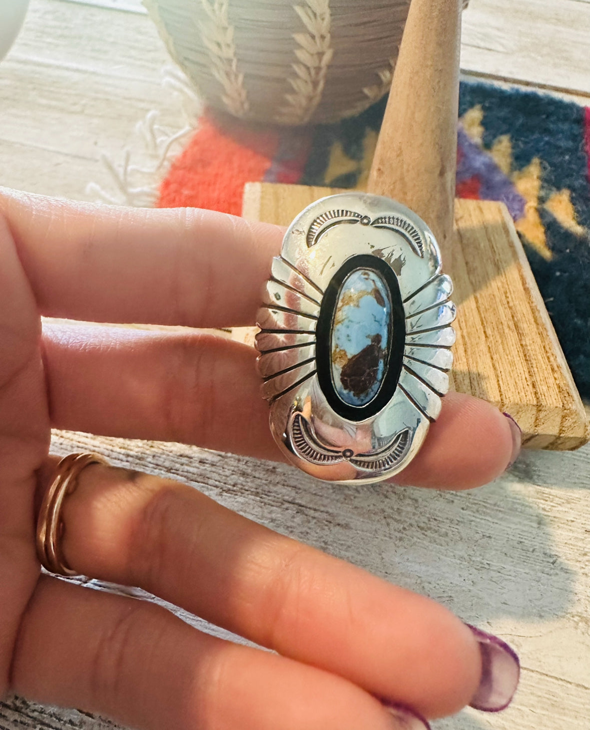 Handcrafted Golden Hills Turquoise & Sterling Silver Shadowbox Ring Size 7.5