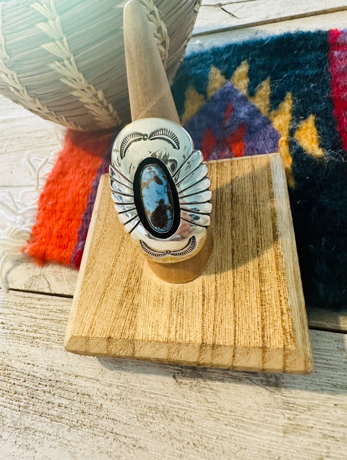 Handcrafted Golden Hills Turquoise & Sterling Silver Shadowbox Ring Size 7.5