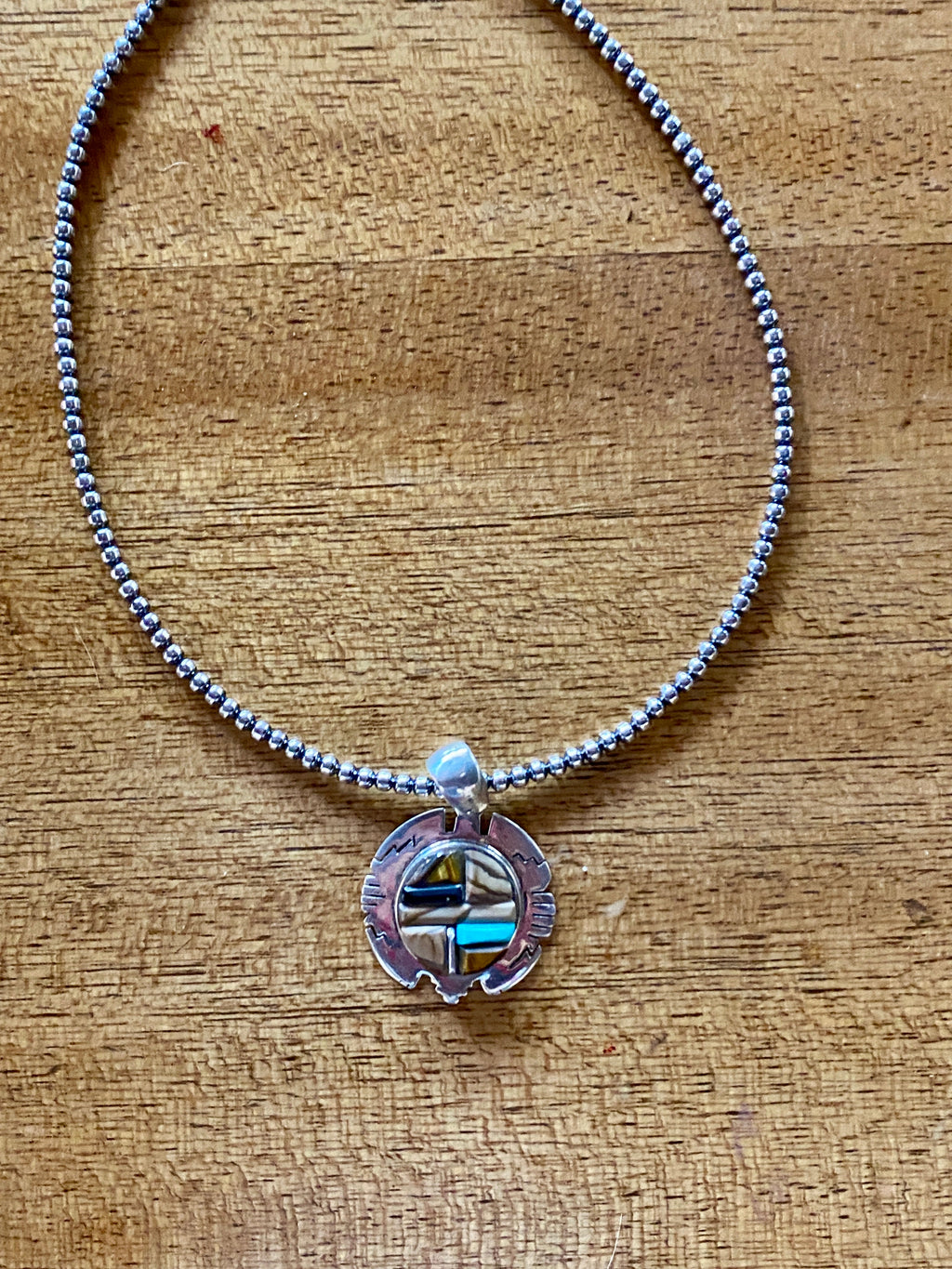 Handcrafted Rolled Inlay Pendant Necklace with Turquoise, Onyx, Coral, Petrified Wood
