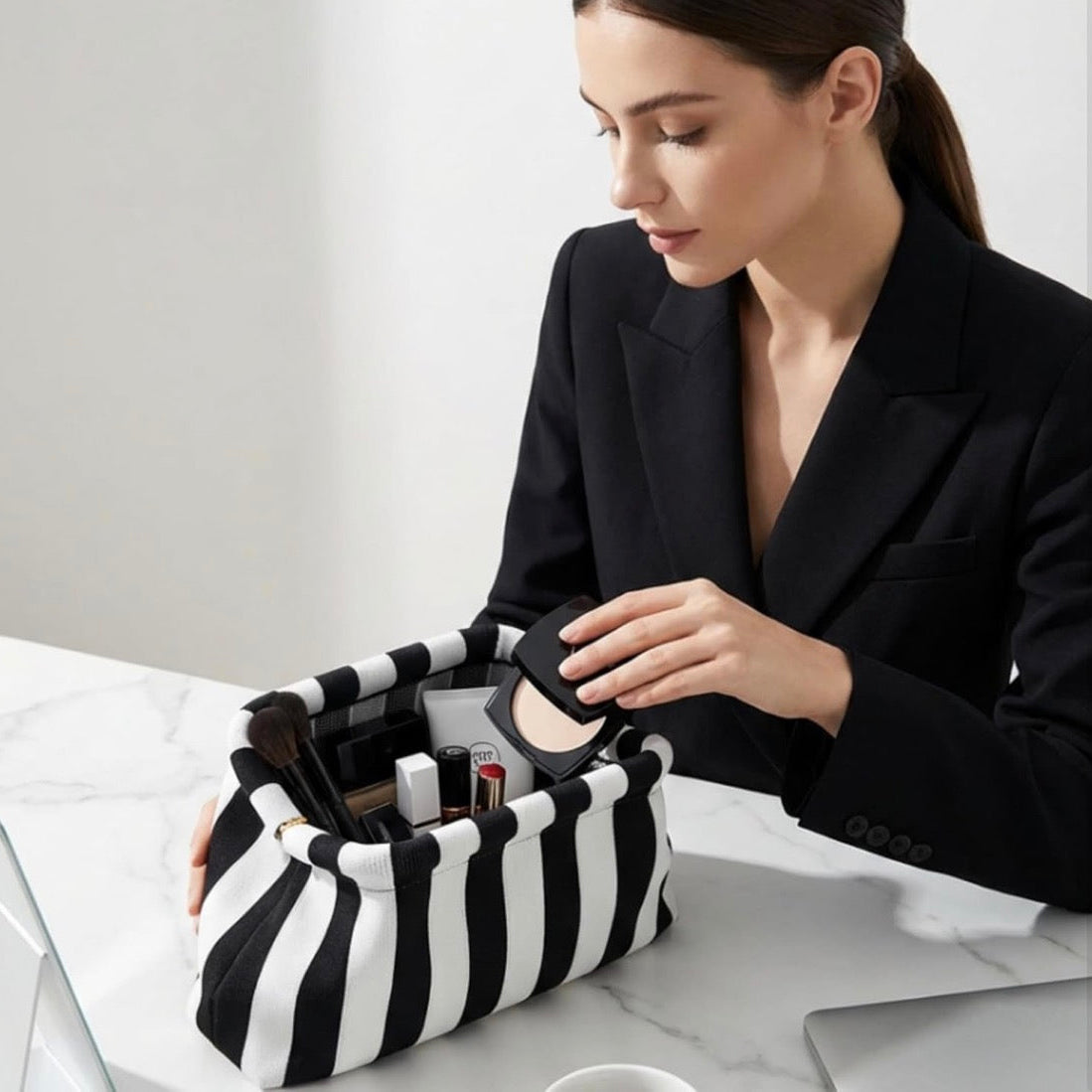 Cabana Clutch in Black & White Mini Stripe