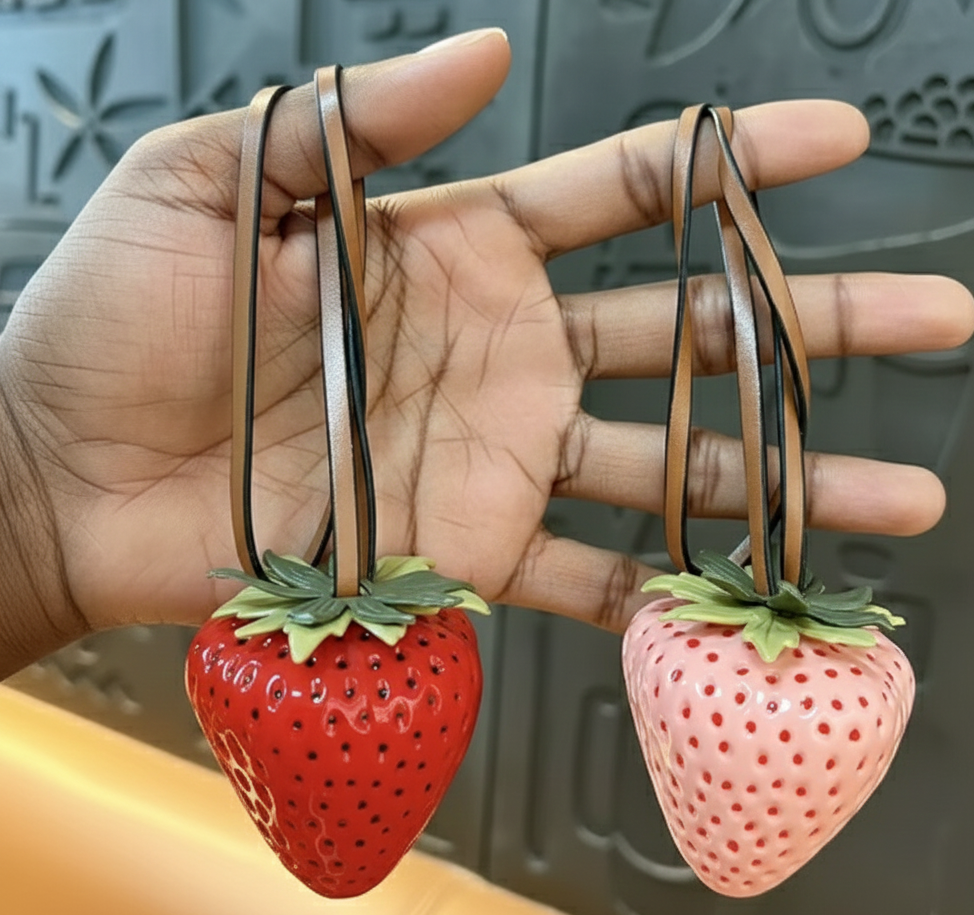 Glossy Strawberry Bag Charm Red and Pink Strawberry Purse Accessory