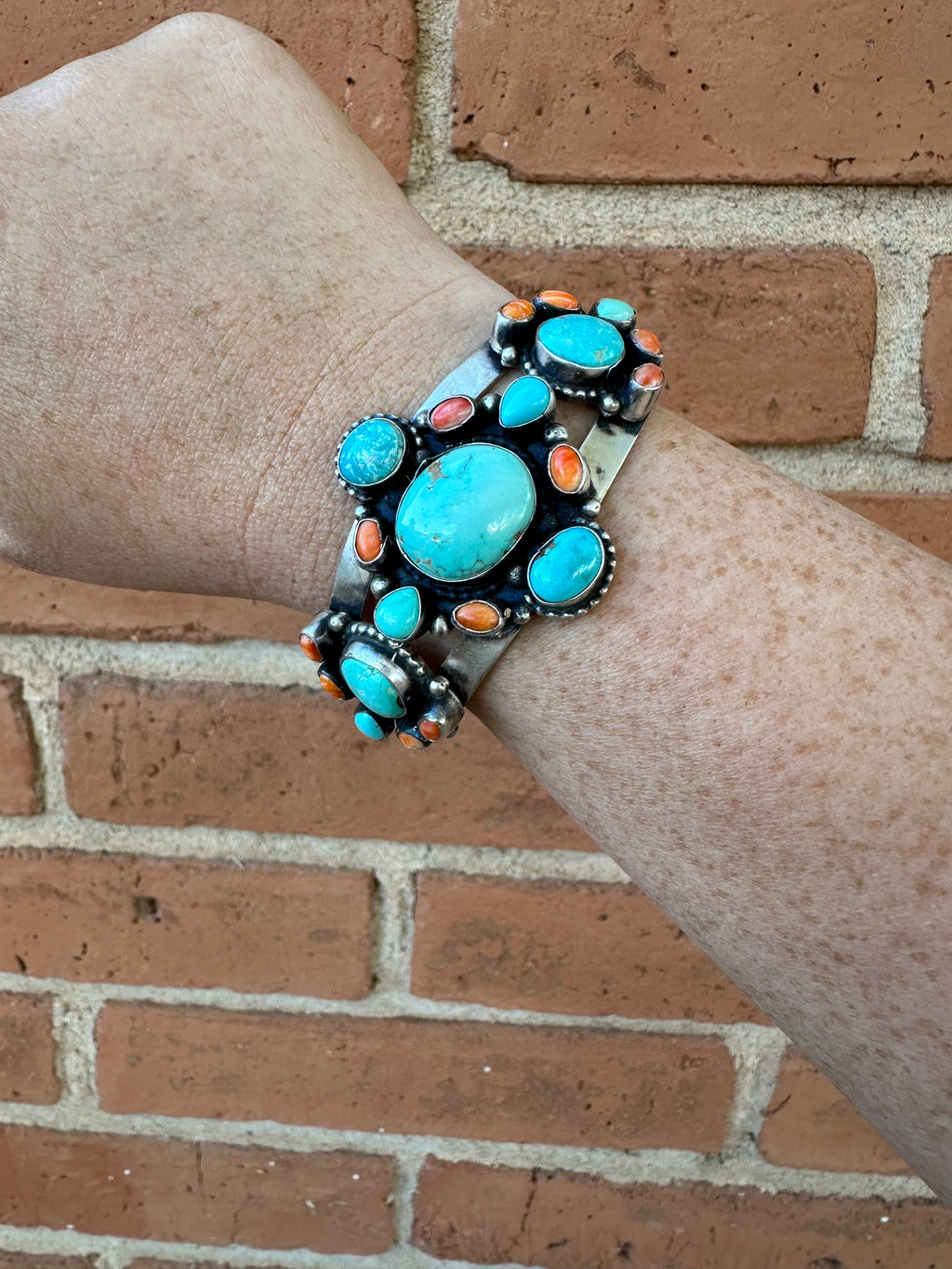 Handcrafted Turquoise & Spiny Sterling Silver Bracelet Cuff Signed Sheila /