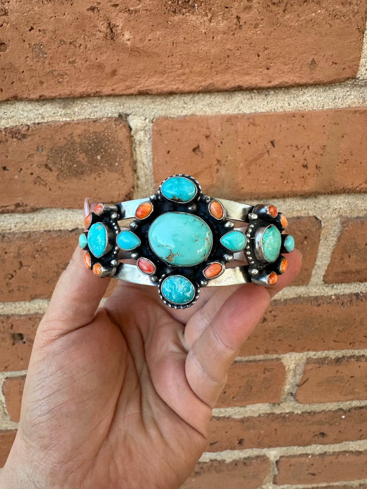 Handcrafted Turquoise & Spiny Sterling Silver Bracelet Cuff Signed Sheila /