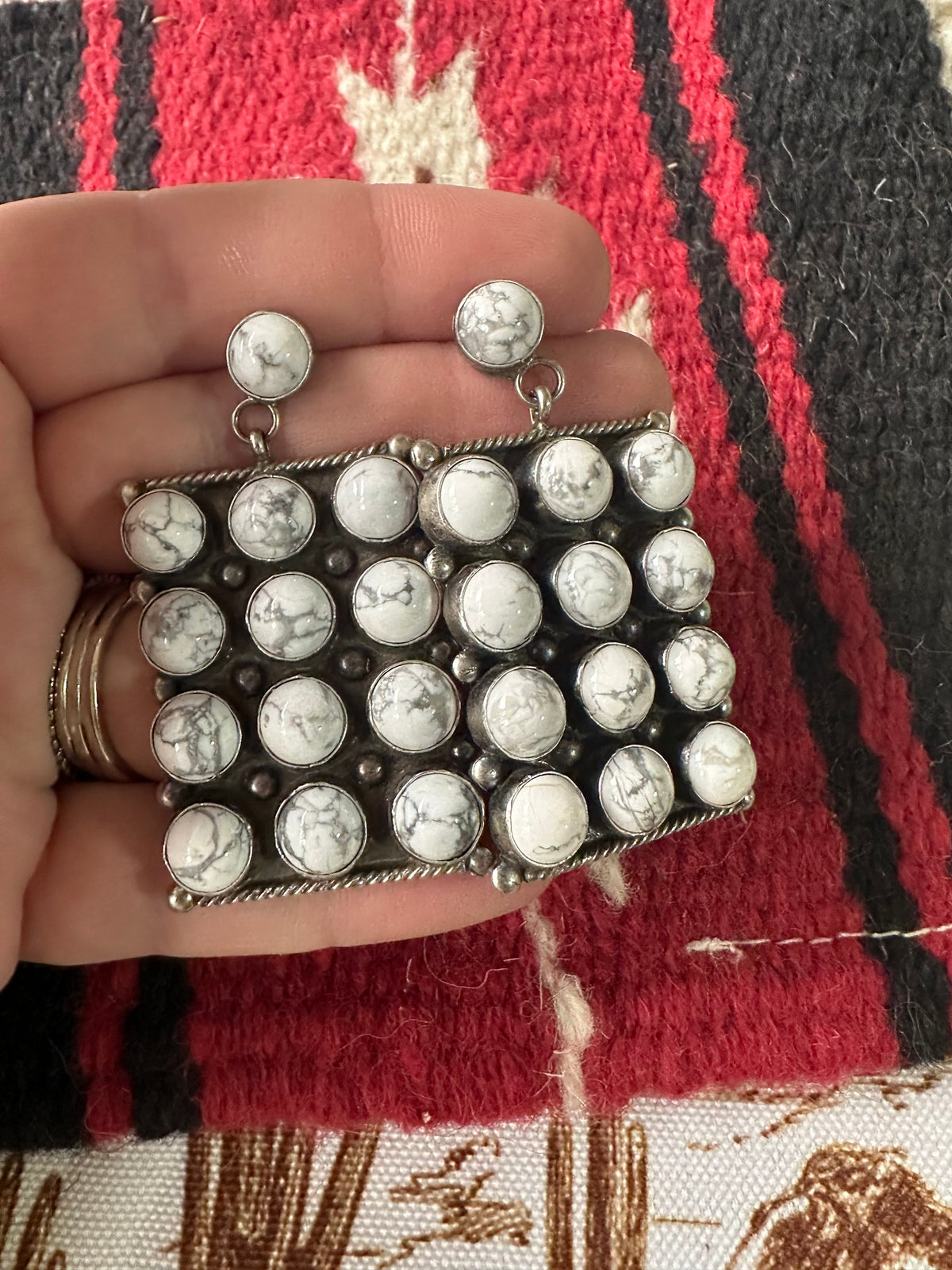 Handcrafted Jacqueline Silver White Buffalo Dangle Earrings Signed