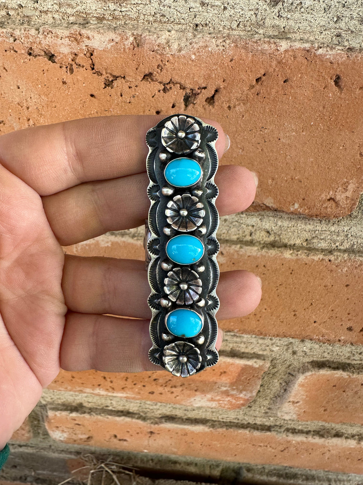 Handcrafted Turquoise & Sterling Silver Floral Ring Size 9