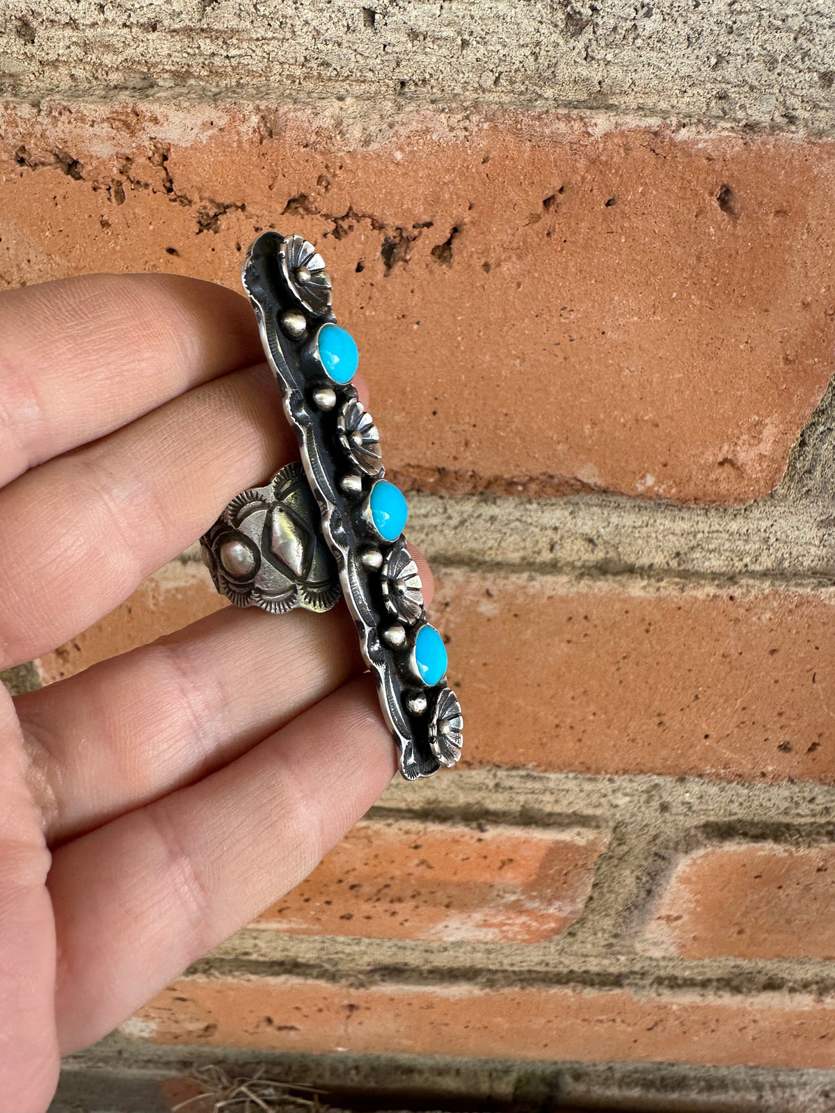 Handcrafted Turquoise & Sterling Silver Floral Ring Size 9