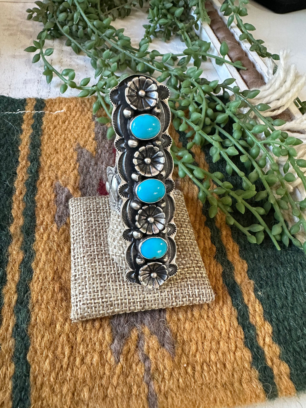 Handcrafted Turquoise & Sterling Silver Floral Ring Size 9