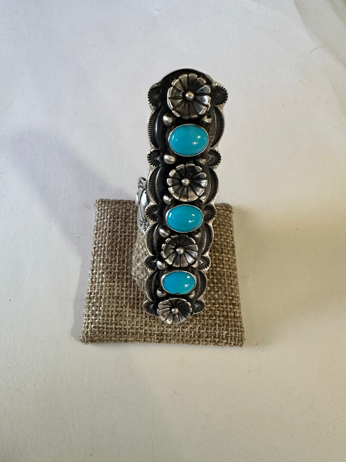 Handcrafted Turquoise & Sterling Silver Floral Ring Size 9