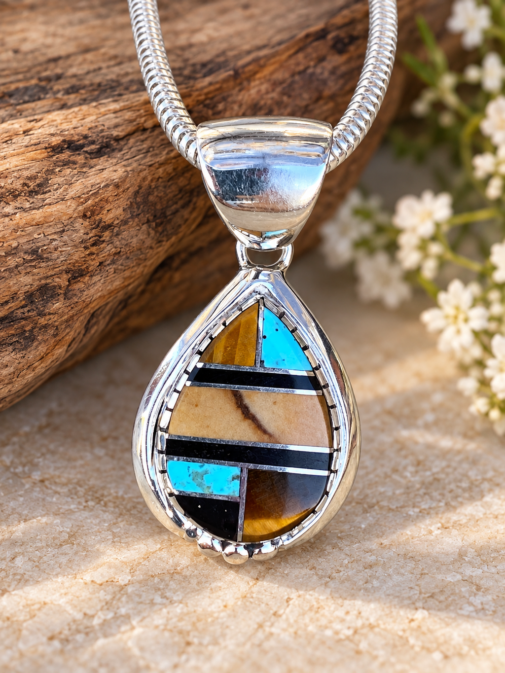 Handcrafted Turquoise petrified wood Pendant