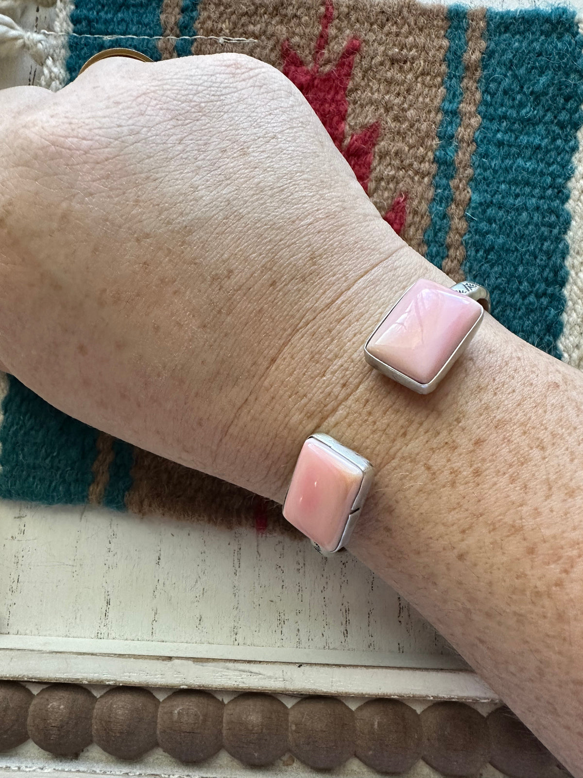 Handcrafted Queen Pink Conch Shell & Sterling Silver Double Stone Cuff Bracelet