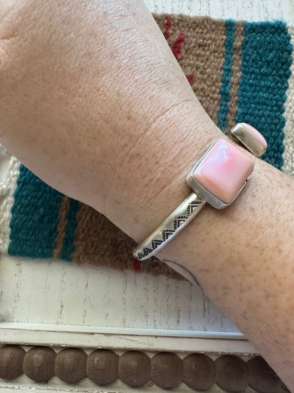 Handcrafted Queen Pink Conch Shell & Sterling Silver Double Stone Cuff Bracelet