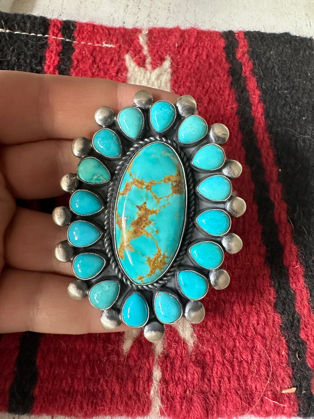 Handcrafted Turquoise & Sterling Silver Ring Size 8.5 Signed RRB